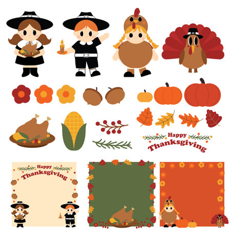 Set of cute cartoon thanksgiving design elements. Vector illustration EPS10のイラスト素材
