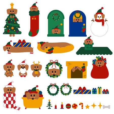 Set of cute christmas icons. Vector illustration. Flat design.のイラスト素材