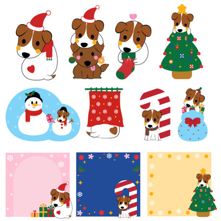 Set of cute cartoon dogs with christmas elements. Vector illustration.のイラスト素材