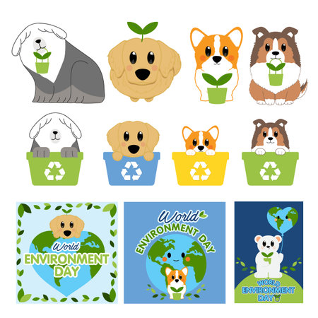 Vector illustration of a set of icons for World Environment Day. Cute cartoon dogs and flowers.のイラスト素材