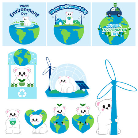Set of cute cartoon polar bears on the globe. Vector illustration.のイラスト素材