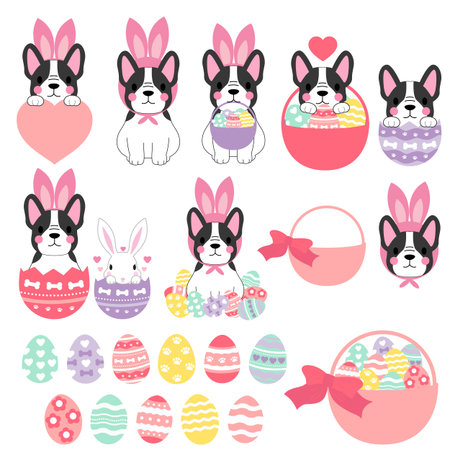 Set of cute easter bunnies and eggs. Vector illustration.のイラスト素材