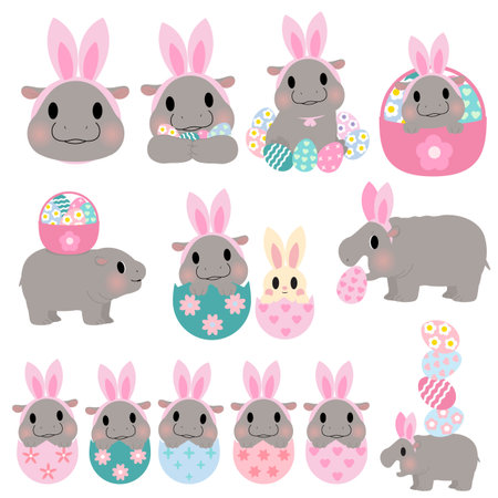 Set of cute bunnies with easter eggs. Vector illustration.のイラスト素材