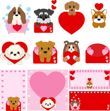 set of cute cartoon dog valentine background. Vector illustration.のイラスト素材