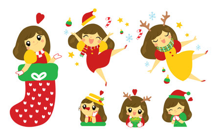 Set of cute cartoon girl with christmas and new year theme. Vector illustration.のイラスト素材