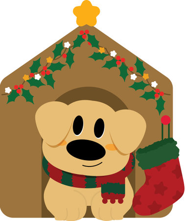Cute Golden Dog in Christmas Doghouseのイラスト素材