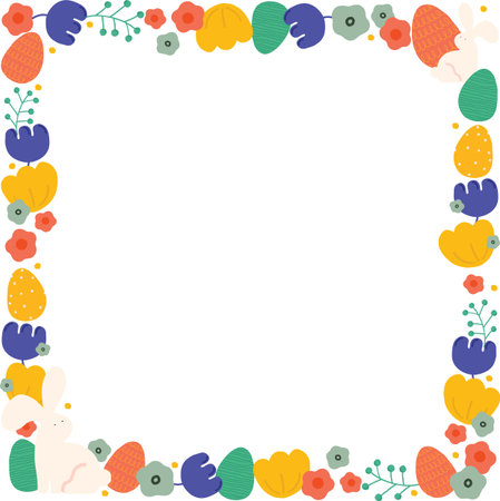 Easter Spring Frame with Eggs Flowers and Bunnyのイラスト素材
