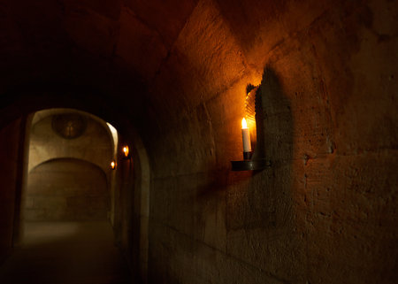 Night view of a narrow street in the old city of Jerusalem, Israelの写真素材