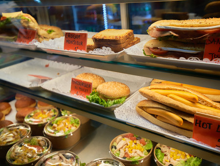 Burgers and hot dogs in a sandwich shop in Barcelonaの写真素材