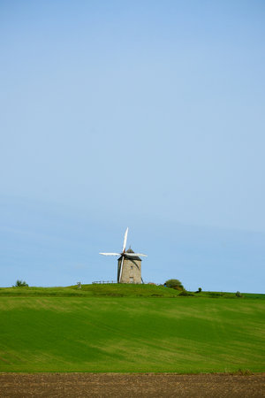Windmill on a hillside, South Moravia, Czech Republicの写真素材