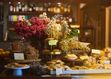 Bakery products in a shop window at night. Shallow depth of field.の写真素材