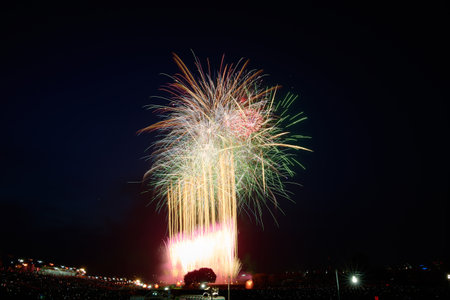Colorful fireworks of various colors over night sky, closeup of photoの写真素材