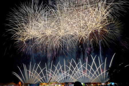 Colorful firework display at night for celebrate new year and merry christmasの写真素材