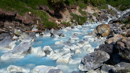 Mountain river with clear blue water and stones. Landscape.の写真素材