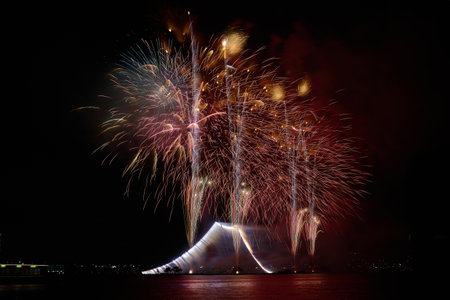 Colorful fireworks of various colors over the night sky, celebration conceptの写真素材