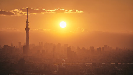 Shanghai skyline at sunset with the famous Oriental Pearl TV Towerの写真素材