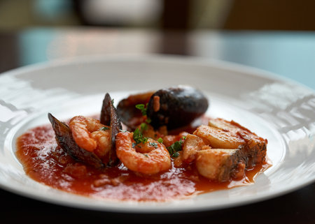 Seafood stew with shrimps and mussels in tomato sauceの写真素材
