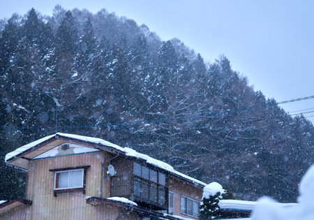 snowfall in the Japanese city of Shirakawa-goの写真素材