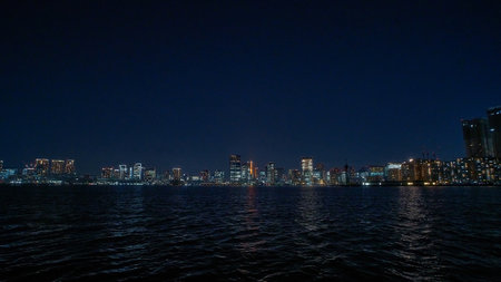 Night view of Pattaya city from sea, Chonburi Thailandの写真素材