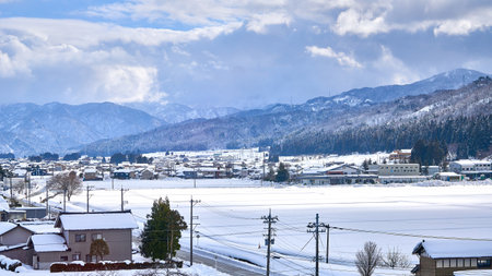 Panoramic view of Shirakawa-go in winter, Japanの写真素材