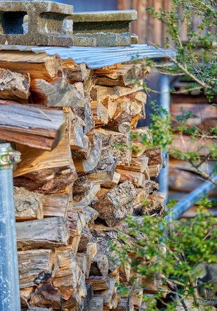 Firewood in a stack on a construction site in the village.の写真素材