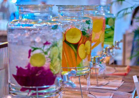 Refreshing drink with fruits and berries on the table in the restaurantの写真素材