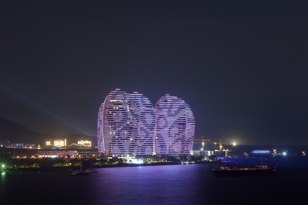 Sanya Bay Coastal architecture night light showのeditorial素材