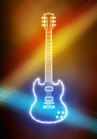 glowing guitar silhouette with sparkles on abstract backgroundの写真素材
