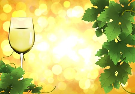 white wine and grape leaves on bokeh backgroundの写真素材