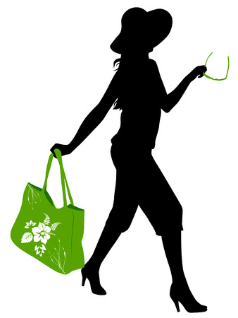 vector silhouette of girl with a bag and glasses going to the beach or shoppingのイラスト素材