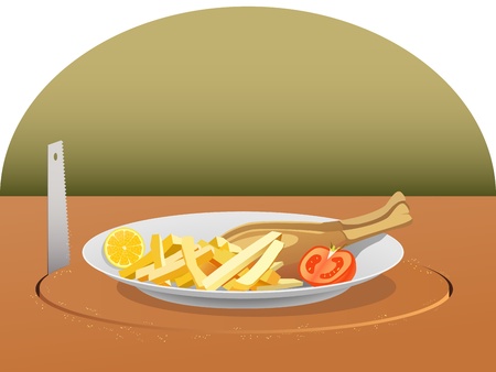 Illustration of saw cutting the table and stealing lunchのイラスト素材