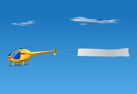 cartoon helicopter pulling empty banner on blue skyのイラスト素材