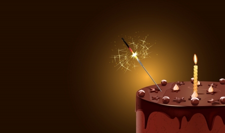 vector illustration of chocolate cake with candle and sparkler,gradient mesh and transparency used