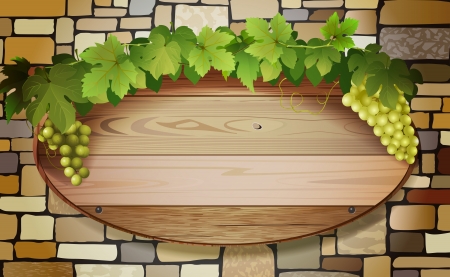 conceptual banner with stone wall, wooden board and grapes,  file, gradient mesh and transparency usedのイラスト素材