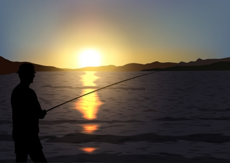tranquille scene with sunset and fisherman silhouette,  file, gradient mesh and transparency usedのイラスト素材