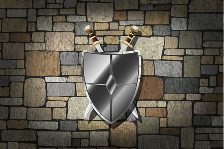 Vector Swords and Shield On Grunge Stone Wall のイラスト素材
