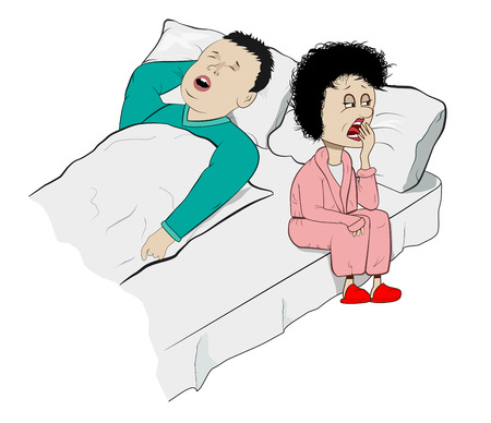 Vector Humorous Illustration of Snoring Husband and Sleepy Wifeのイラスト素材