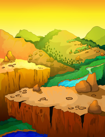 Sunrise mountain with pine forest landscape vector illustration.のイラスト素材
