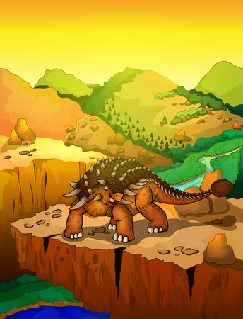 Cute cartoon ankylosaurus with landscape background. Isolated illustration of a cartoon dinosaur.のイラスト素材