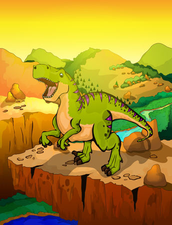Cute cartoon tyrannosaur with landscape background. Vector illustration of a cartoon dinosaur.のイラスト素材