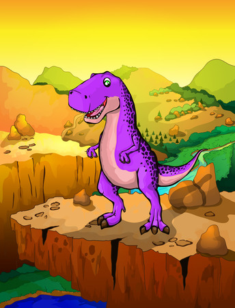 Cute cartoon tyrannosaur with landscape background. Vector illustration of a cartoon dinosaur.のイラスト素材