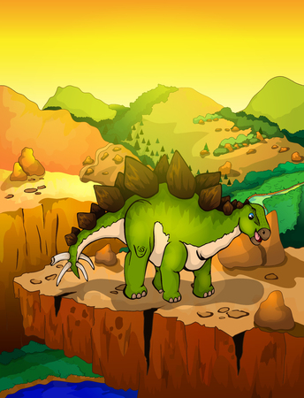 Cute cartoon stegosaur with landscape background. Vector illustration of a cartoon dinosaur.のイラスト素材