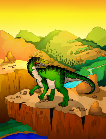 Cute cartoon baryonyx with landscape background. Vector illustration of a cartoon dinosaur.のイラスト素材