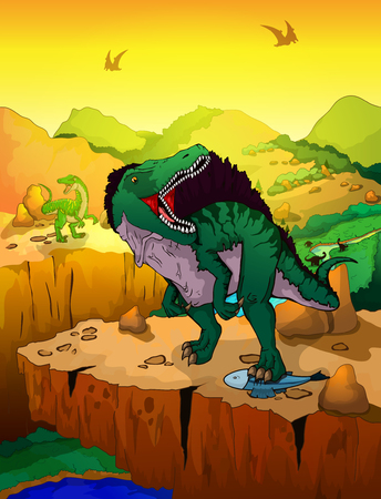 Cute cartoon spinosaur with landscape background. Vector illustration of a cartoon dinosaur.のイラスト素材