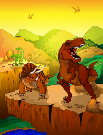 Cute cartoon tyrannosaurus and triceratops with a landscape background. Vector illustration of a cartoon dinosaurs.のイラスト素材