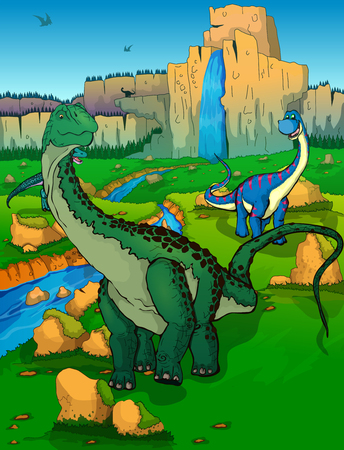 Diplodocus dinosaurs in the valley vector illustrationのイラスト素材