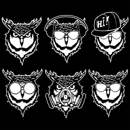 Set illustration of owl heads with different accessories.のイラスト素材