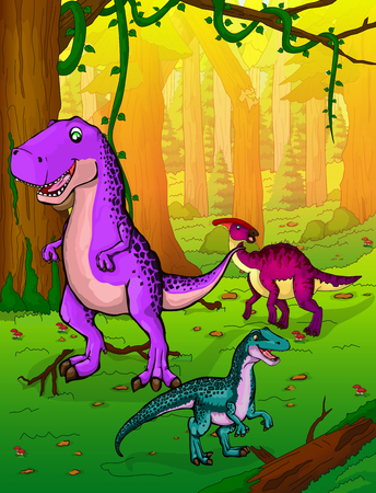 Cute cartoon Tyrannosaurus, parasaurolophus and velociraptor on the background of nature. Vector illustration of a cartoon dinosaurs.のイラスト素材