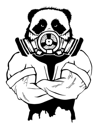 Isolated vector illustration of a panda head on man body with gas mask.のイラスト素材