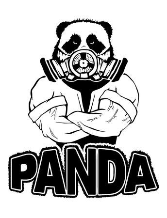 Isolated vector illustration of a panda head on man body with gas mask.のイラスト素材